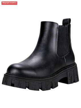 Women's Chunky Platform Chelsea Combat Ankle Boots Faux Leather